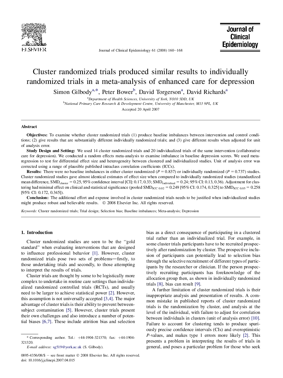 Cluster randomized trials produced similar results to individually randomized trials in a meta-analysis of enhanced care for depression