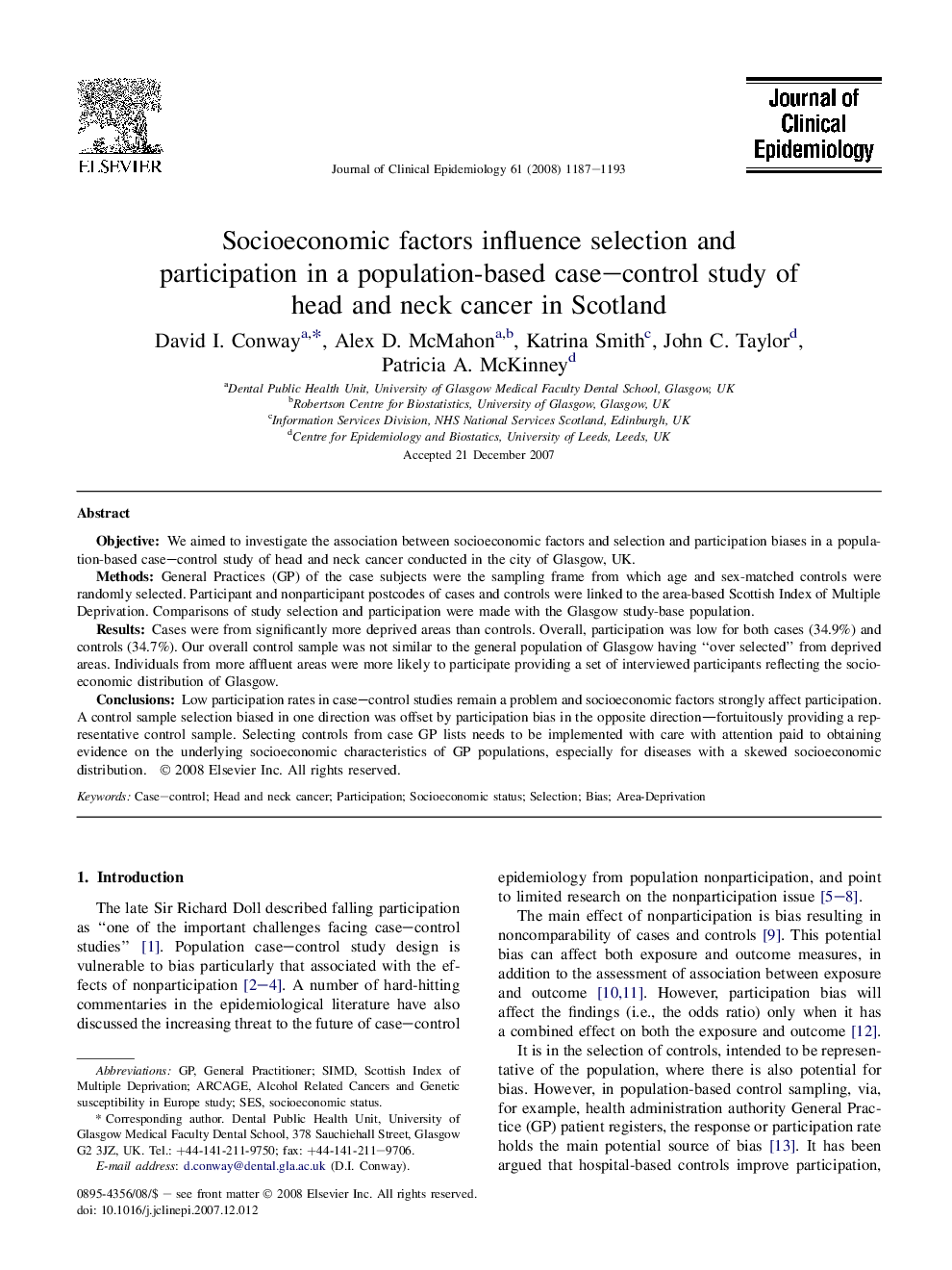 Socioeconomic factors influence selection and participation in a population-based case–control study of head and neck cancer in Scotland