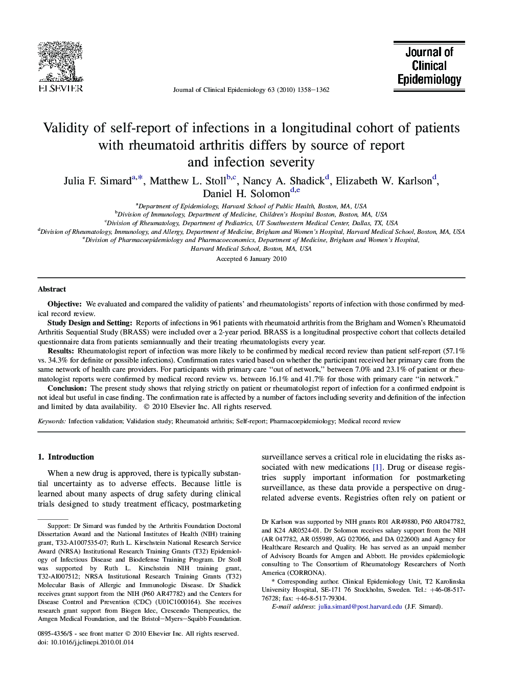 Validity of self-report of infections in a longitudinal cohort of patients with rheumatoid arthritis differs by source of report and infection severity 