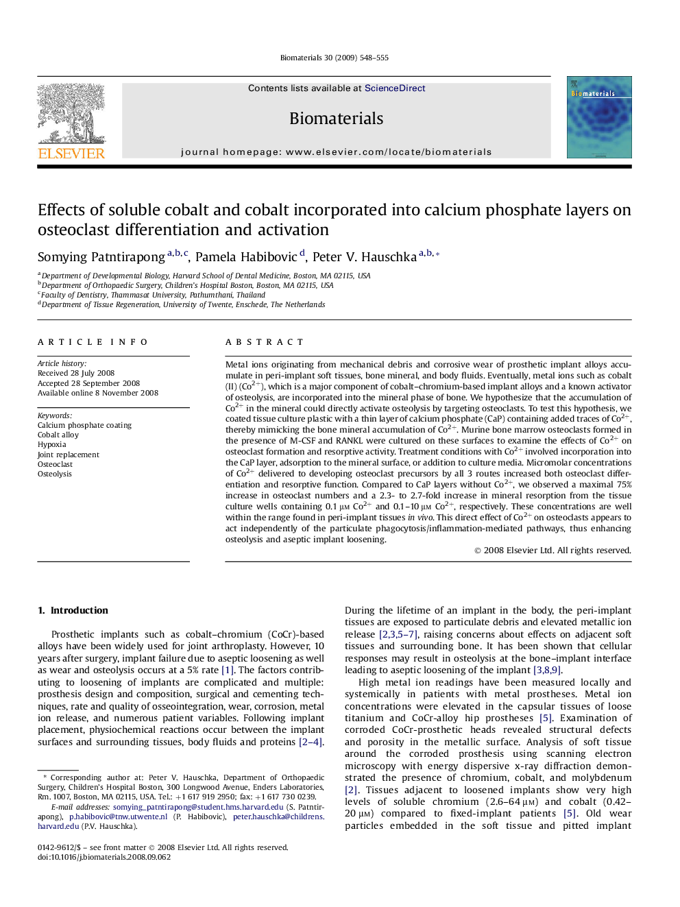 Effects of soluble cobalt and cobalt incorporated into calcium phosphate layers on osteoclast differentiation and activation