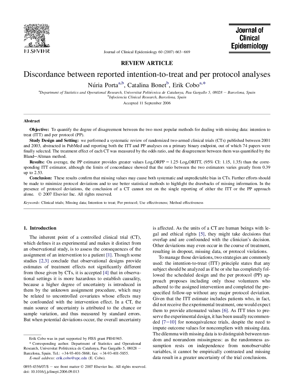 Discordance between reported intention-to-treat and per protocol analyses 