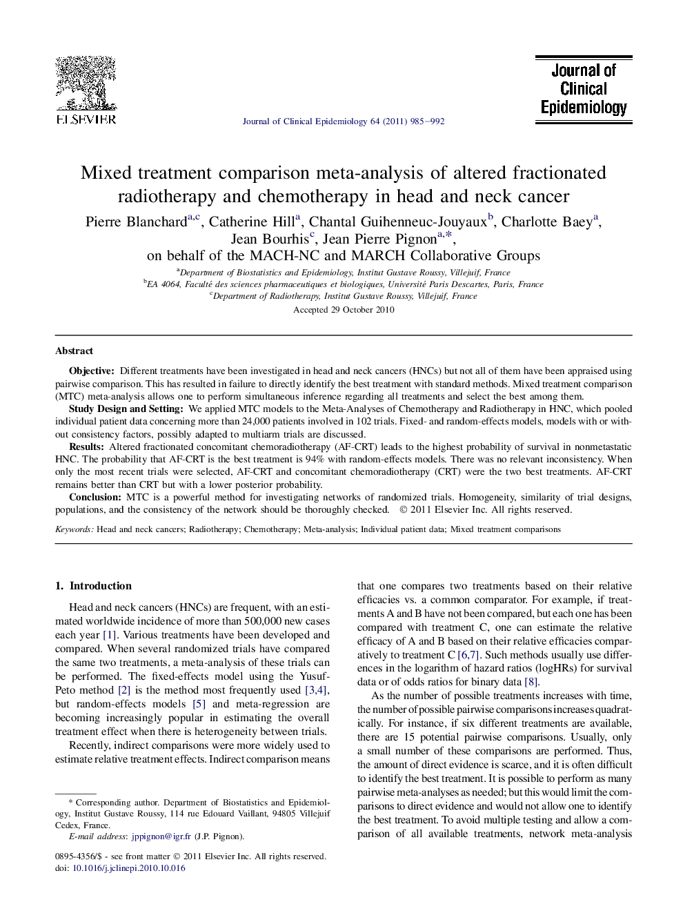 Mixed treatment comparison meta-analysis of altered fractionated radiotherapy and chemotherapy in head and neck cancer