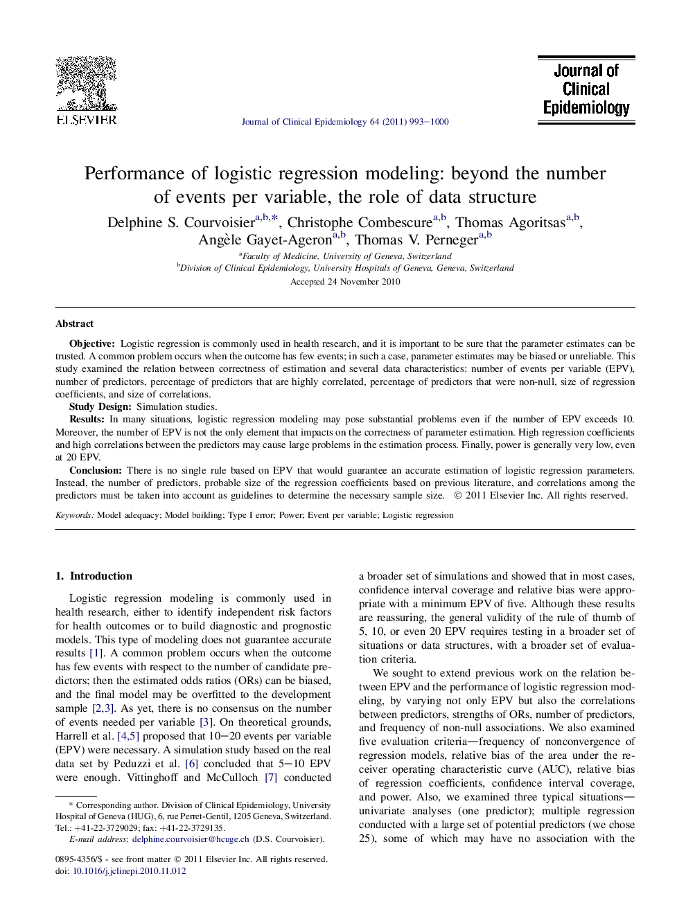 Performance of logistic regression modeling: beyond the number of events per variable, the role of data structure