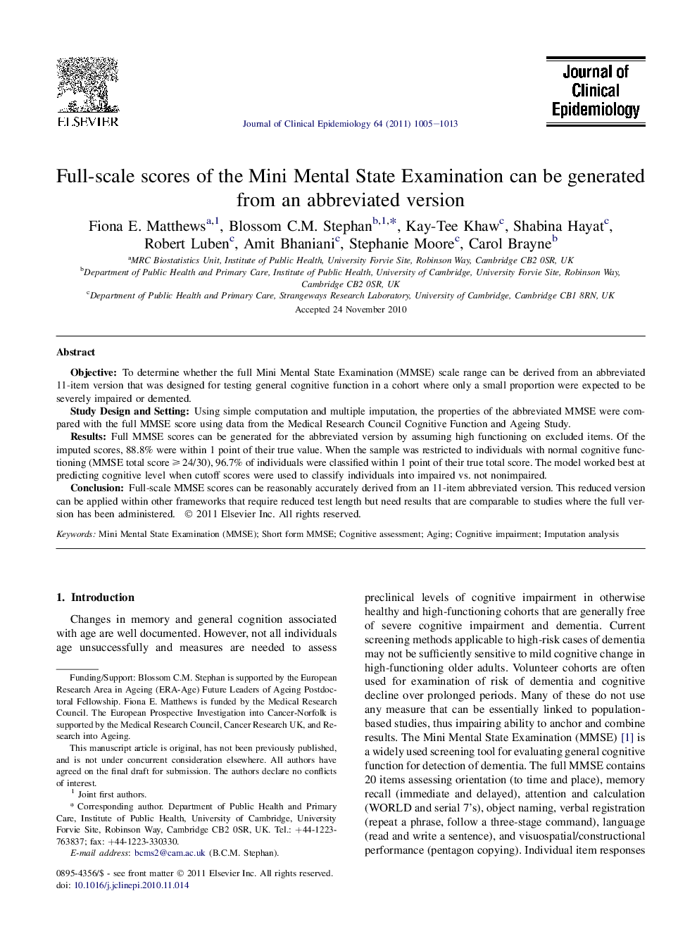 Full-scale scores of the Mini Mental State Examination can be generated from an abbreviated version 