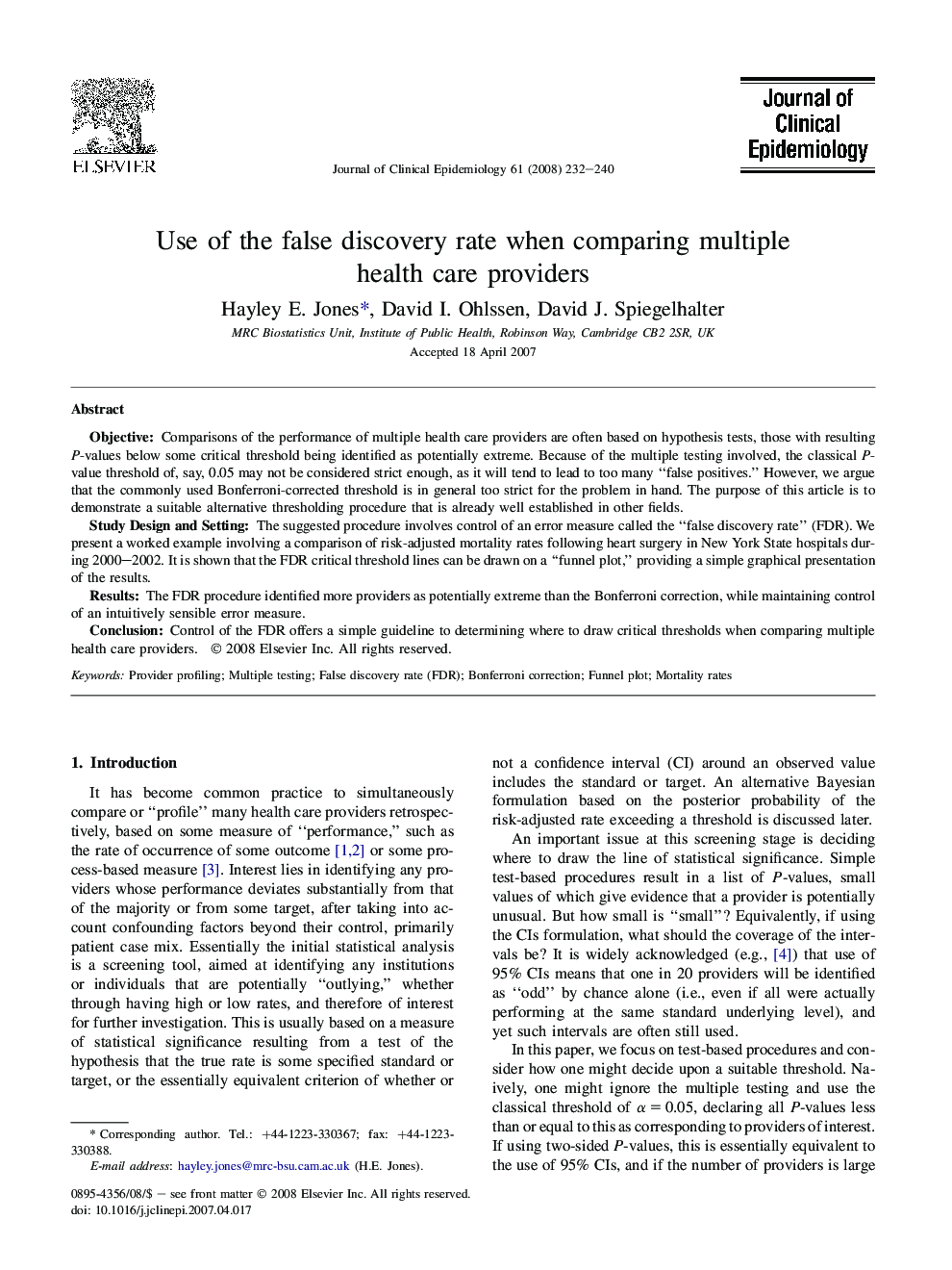 Use of the false discovery rate when comparing multiple health care providers