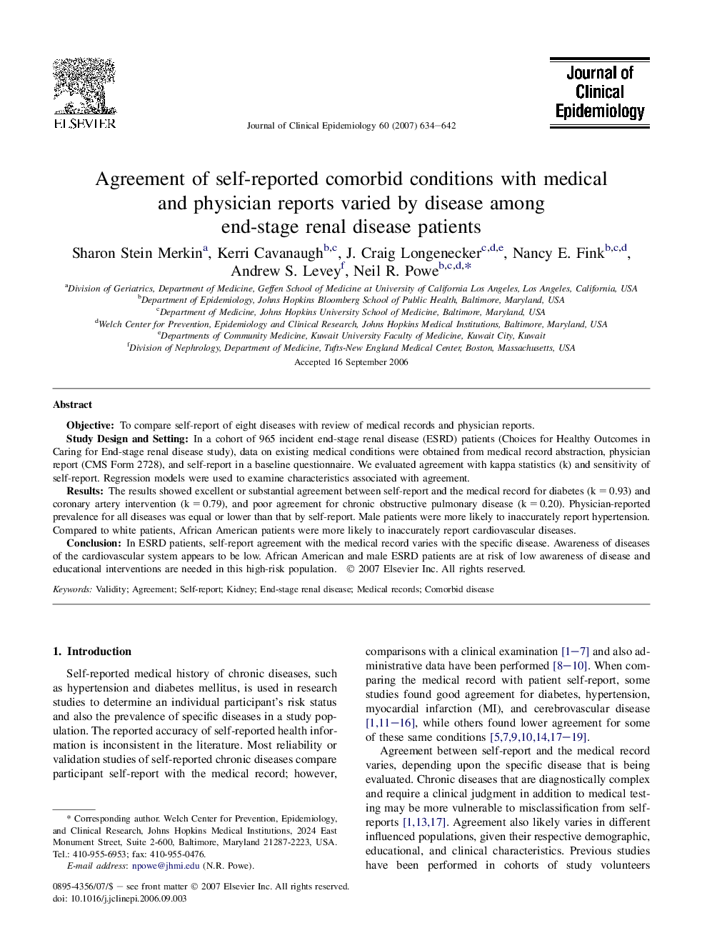 Agreement of self-reported comorbid conditions with medical and physician reports varied by disease among end-stage renal disease patients