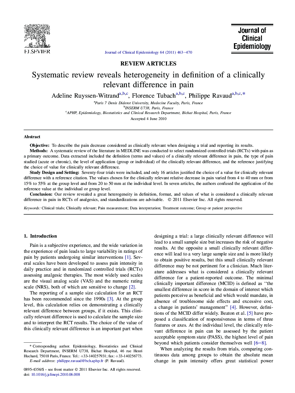 Systematic review reveals heterogeneity in definition of a clinically relevant difference in pain