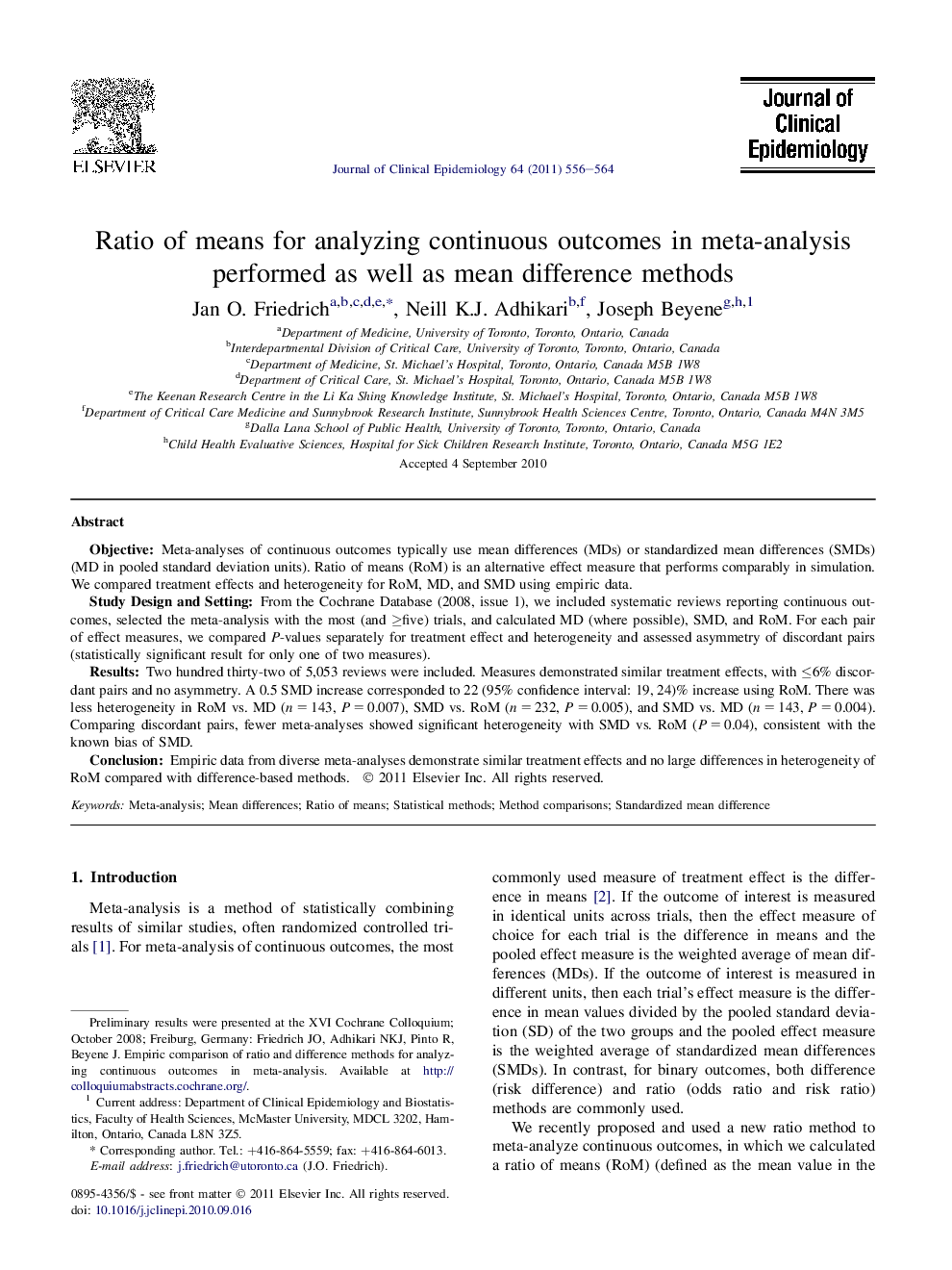 Ratio of means for analyzing continuous outcomes in meta-analysis performed as well as mean difference methods 