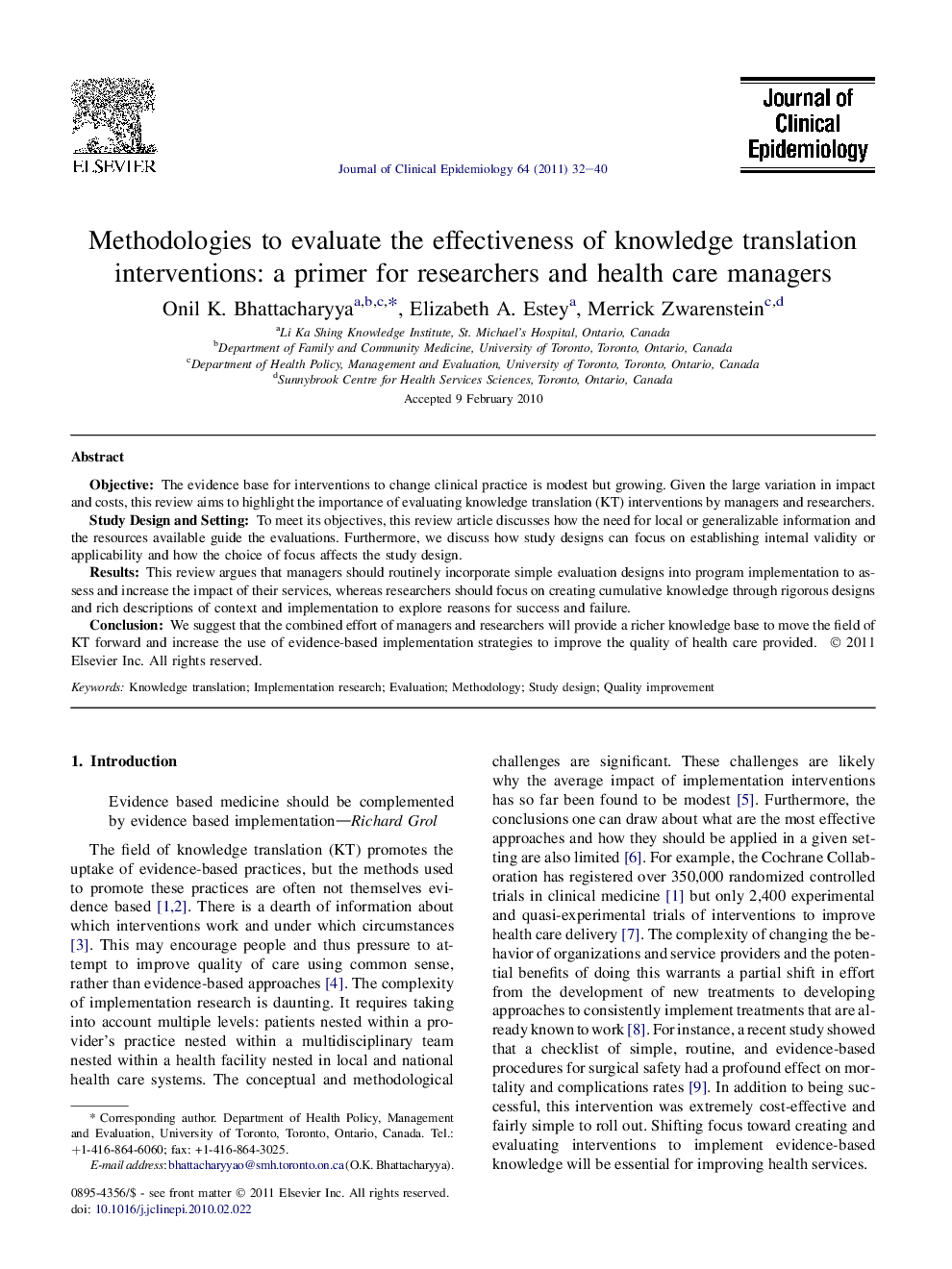 Methodologies to evaluate the effectiveness of knowledge translation interventions: a primer for researchers and health care managers