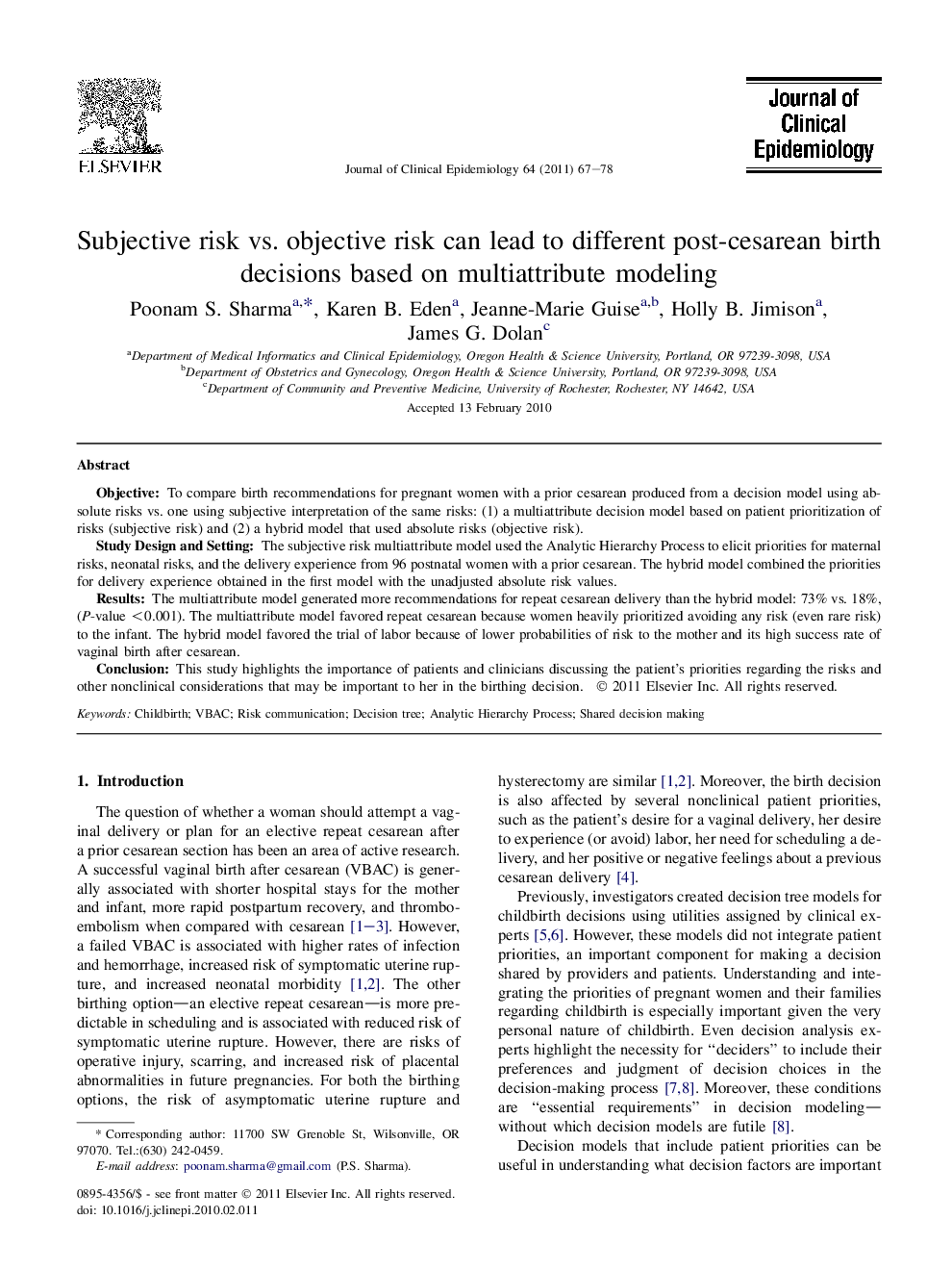 Subjective risk vs. objective risk can lead to different post-cesarean birth decisions based on multiattribute modeling