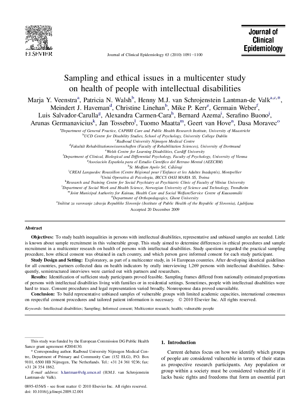 Sampling and ethical issues in a multicenter study on health of people with intellectual disabilities 