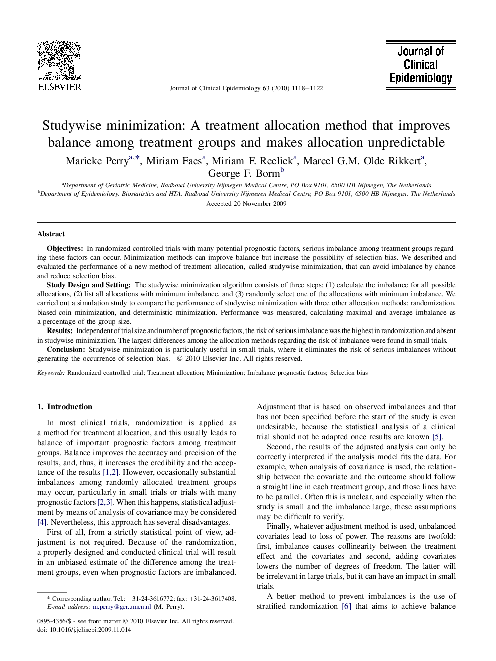 Studywise minimization: A treatment allocation method that improves balance among treatment groups and makes allocation unpredictable