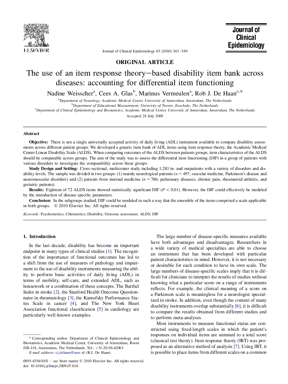 The use of an item response theory–based disability item bank across diseases: accounting for differential item functioning