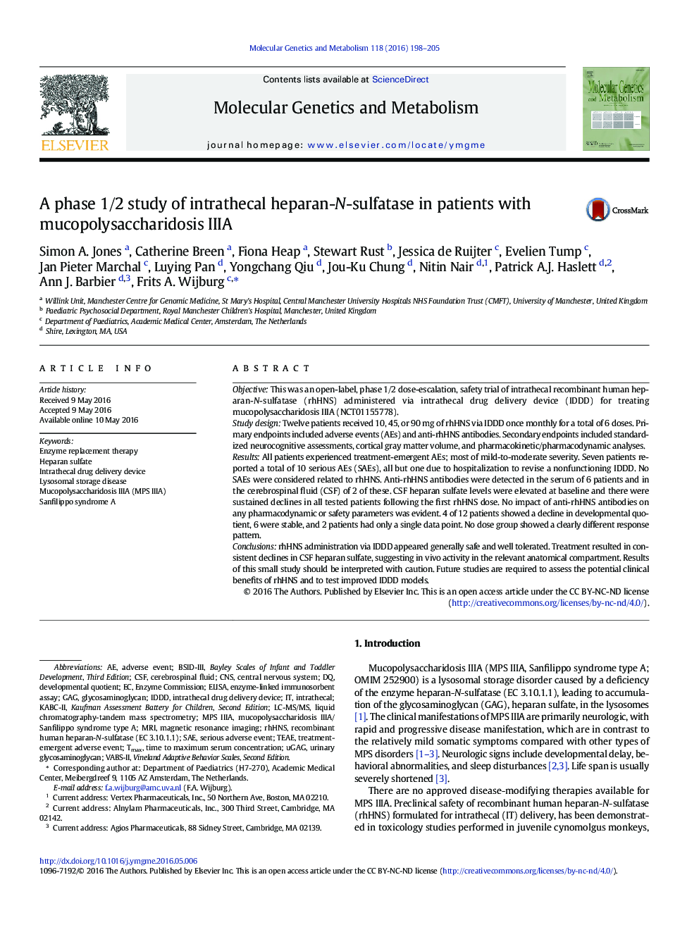 A phase 1/2 study of intrathecal heparan-N-sulfatase in patients with mucopolysaccharidosis IIIA