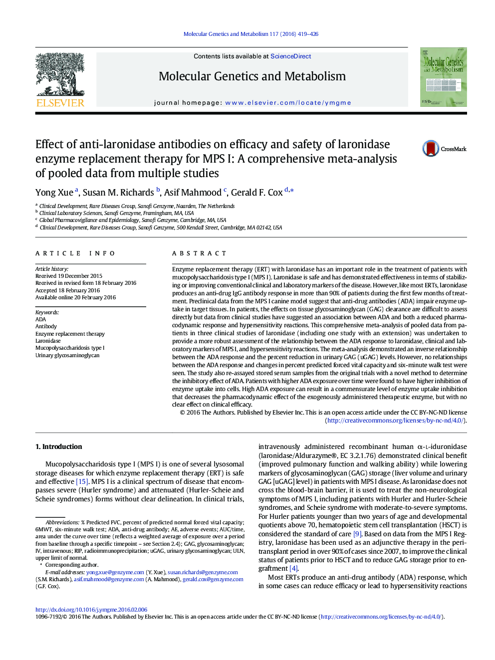 Effect of anti-laronidase antibodies on efficacy and safety of laronidase enzyme replacement therapy for MPS I: A comprehensive meta-analysis of pooled data from multiple studies