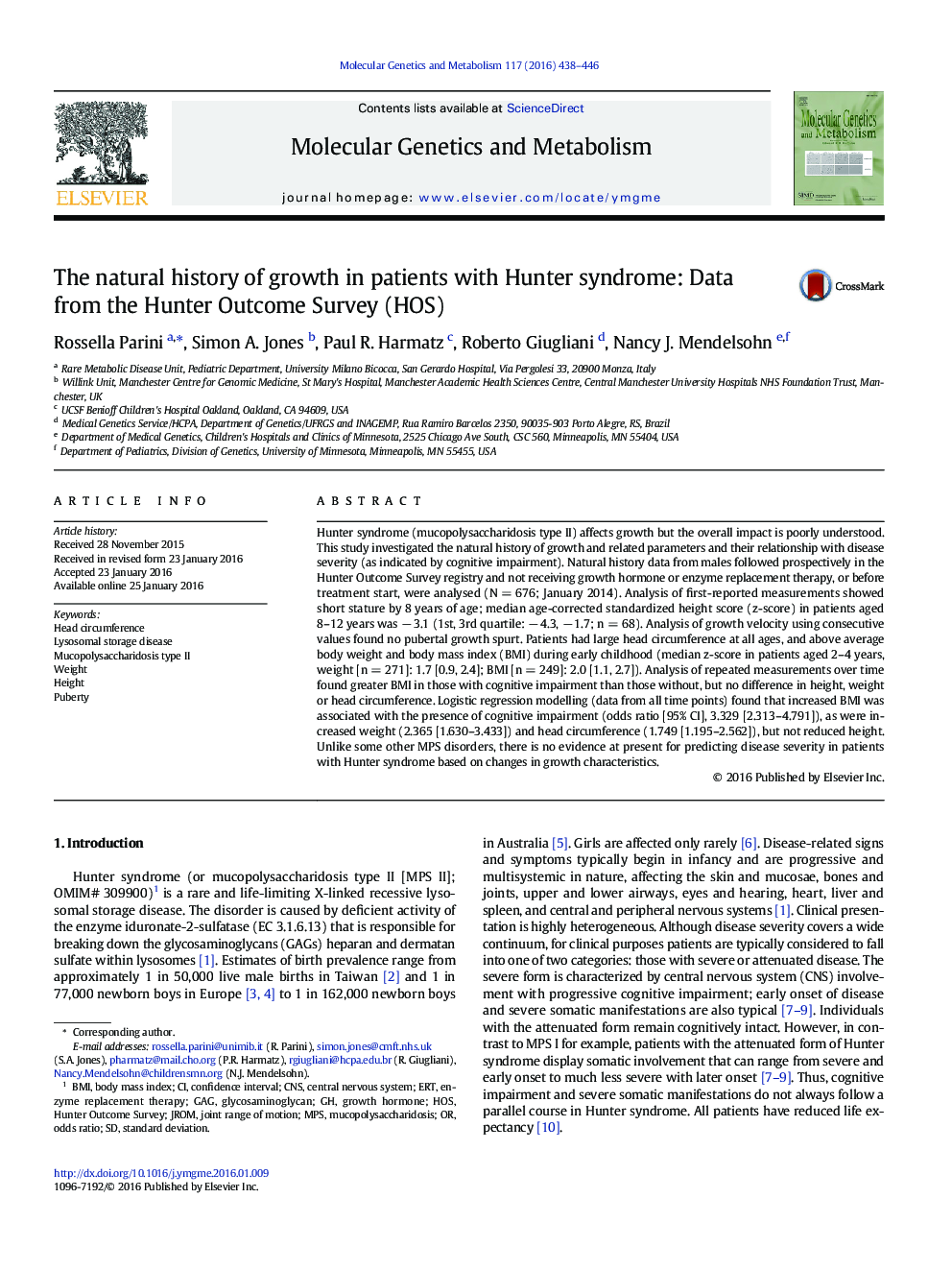 The natural history of growth in patients with Hunter syndrome: Data from the Hunter Outcome Survey (HOS)