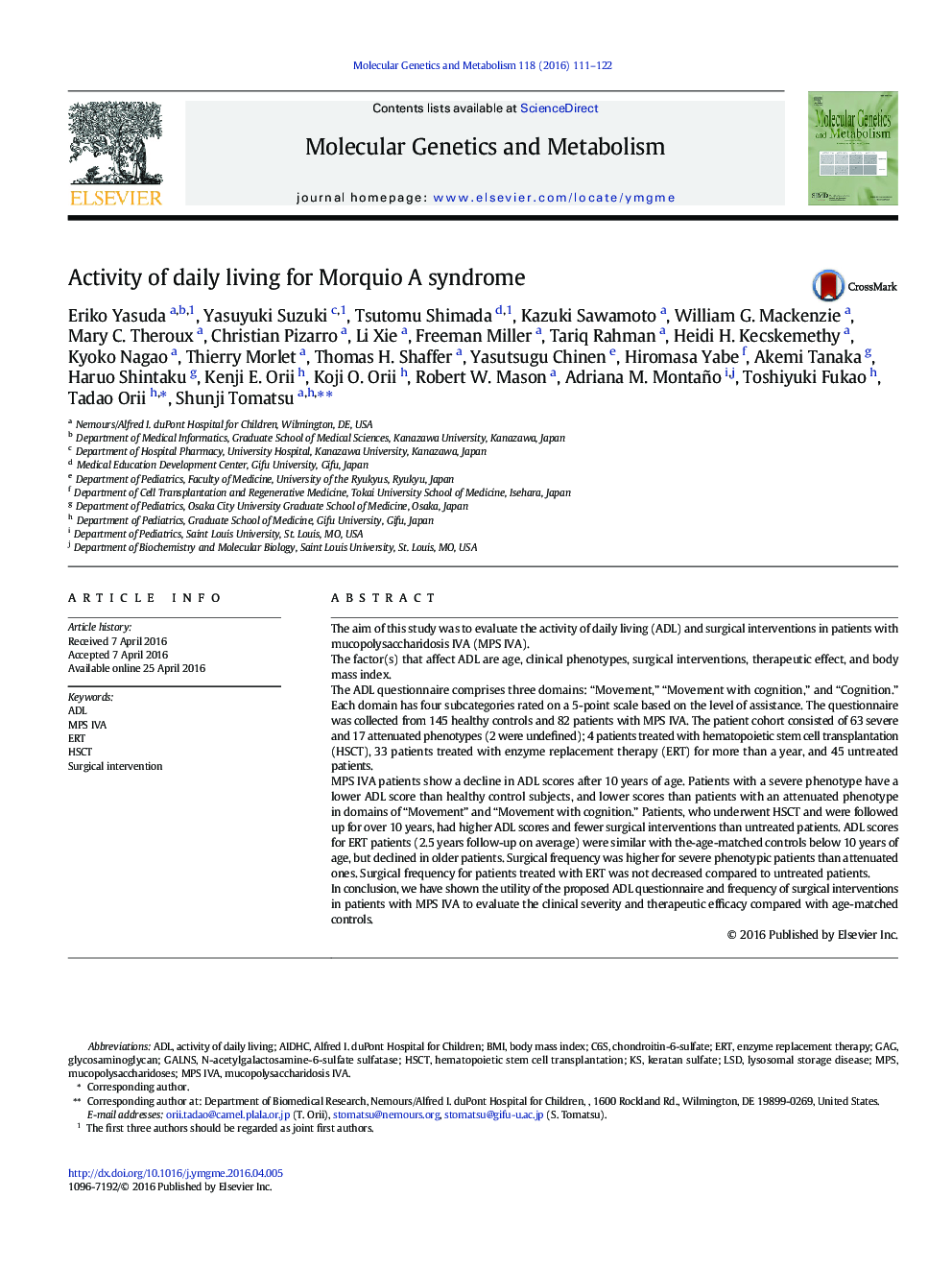 Activity of daily living for Morquio A syndrome