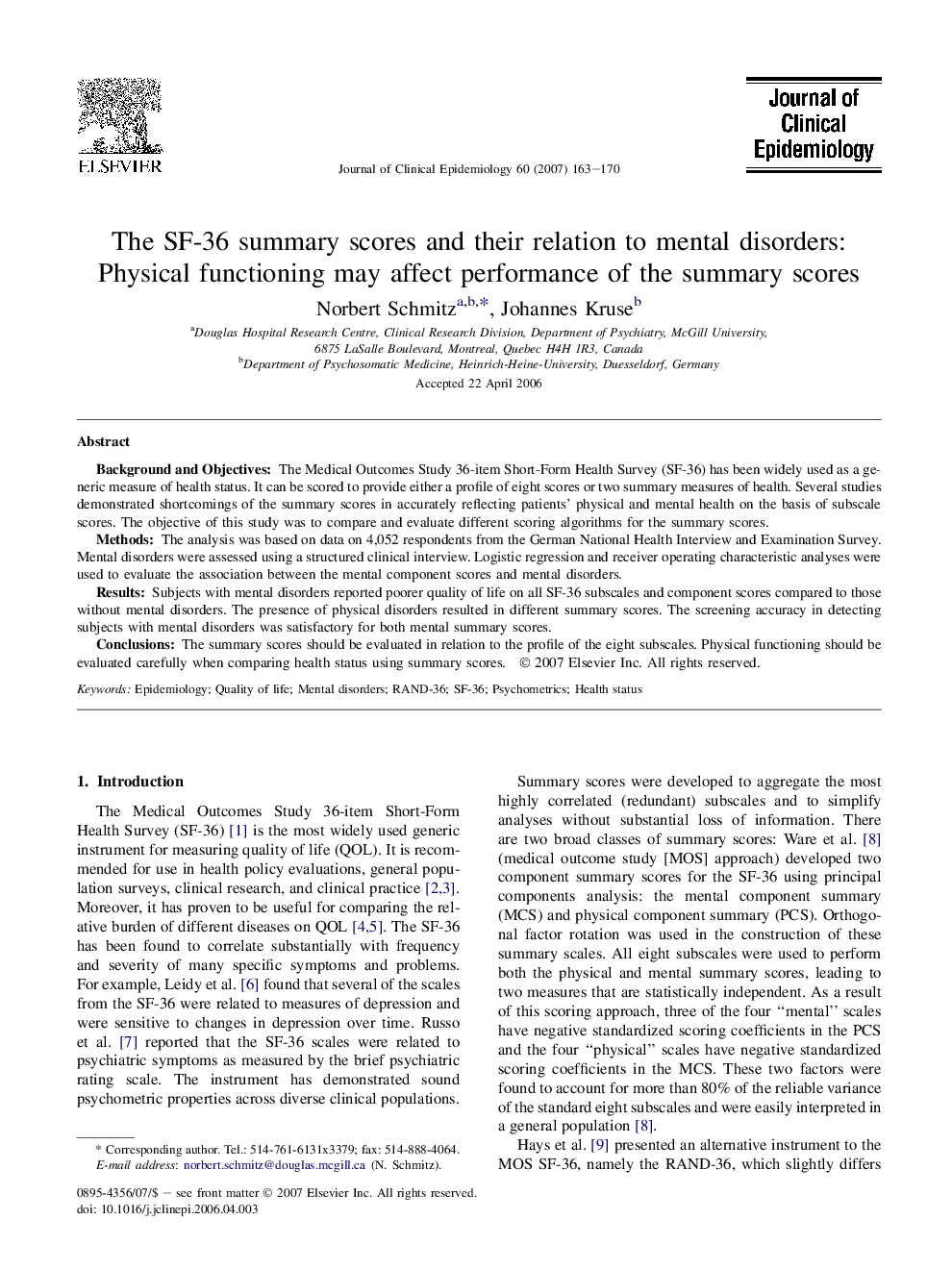 The SF-36 summary scores and their relation to mental disorders: Physical functioning may affect performance of the summary scores