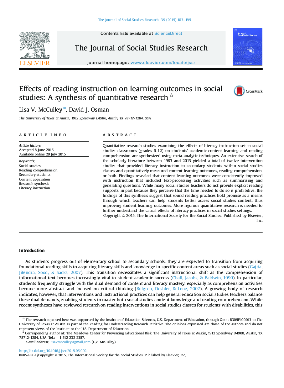 Effects of reading instruction on learning outcomes in social studies: A synthesis of quantitative research 