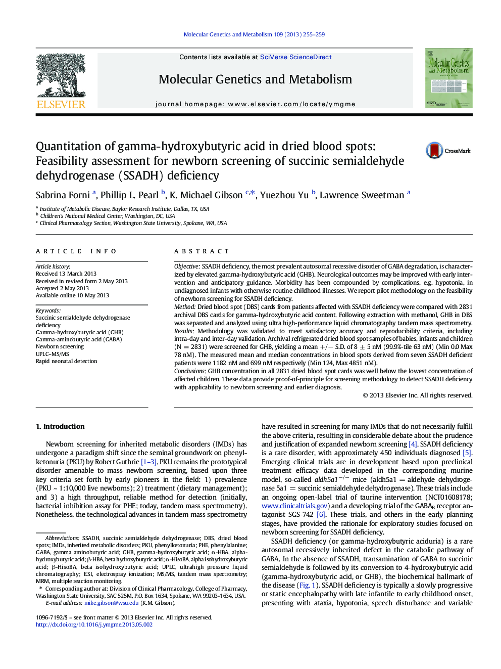 Quantitation of gamma-hydroxybutyric acid in dried blood spots: Feasibility assessment for newborn screening of succinic semialdehyde dehydrogenase (SSADH) deficiency