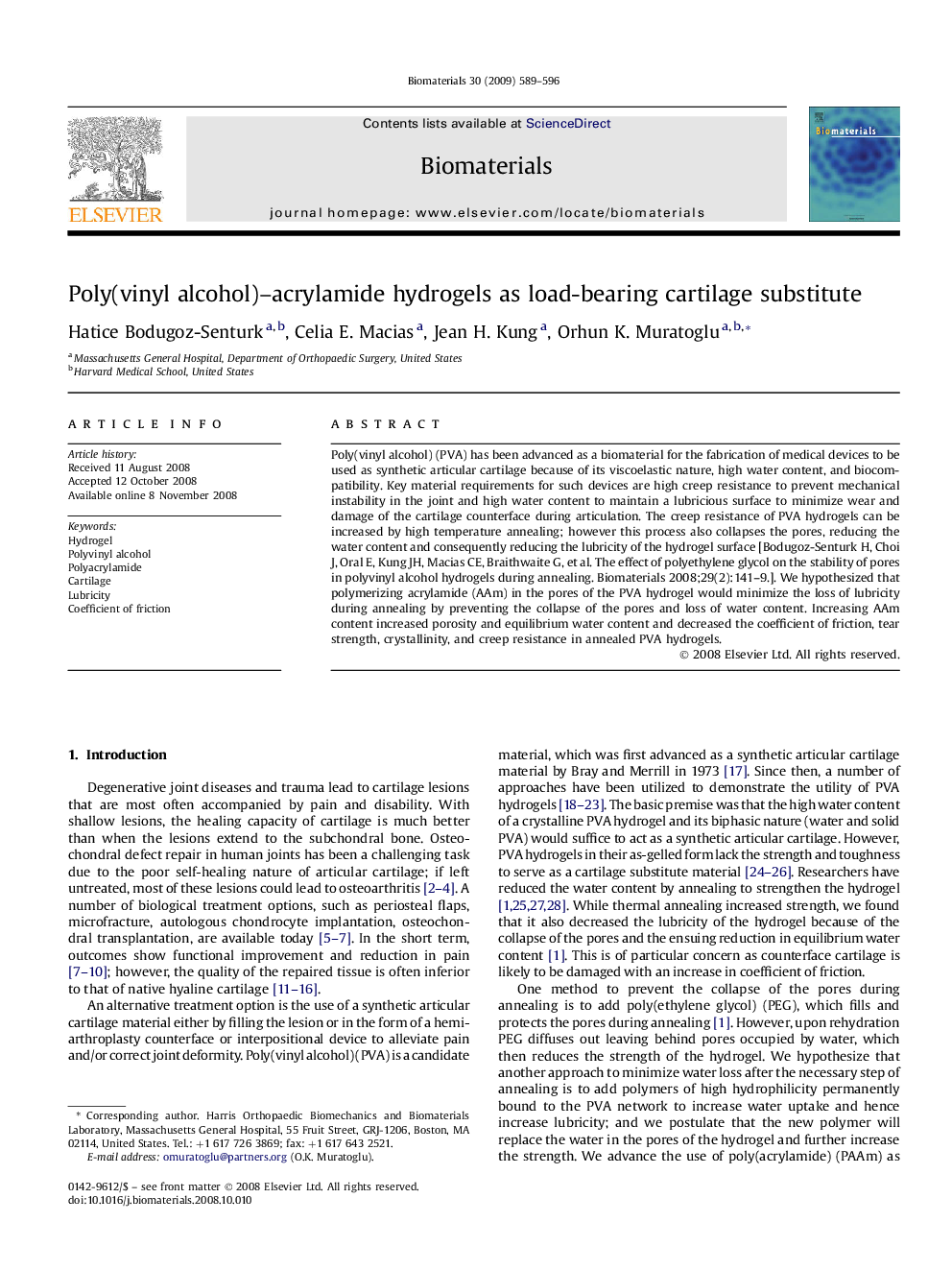 Poly(vinyl alcohol)–acrylamide hydrogels as load-bearing cartilage substitute