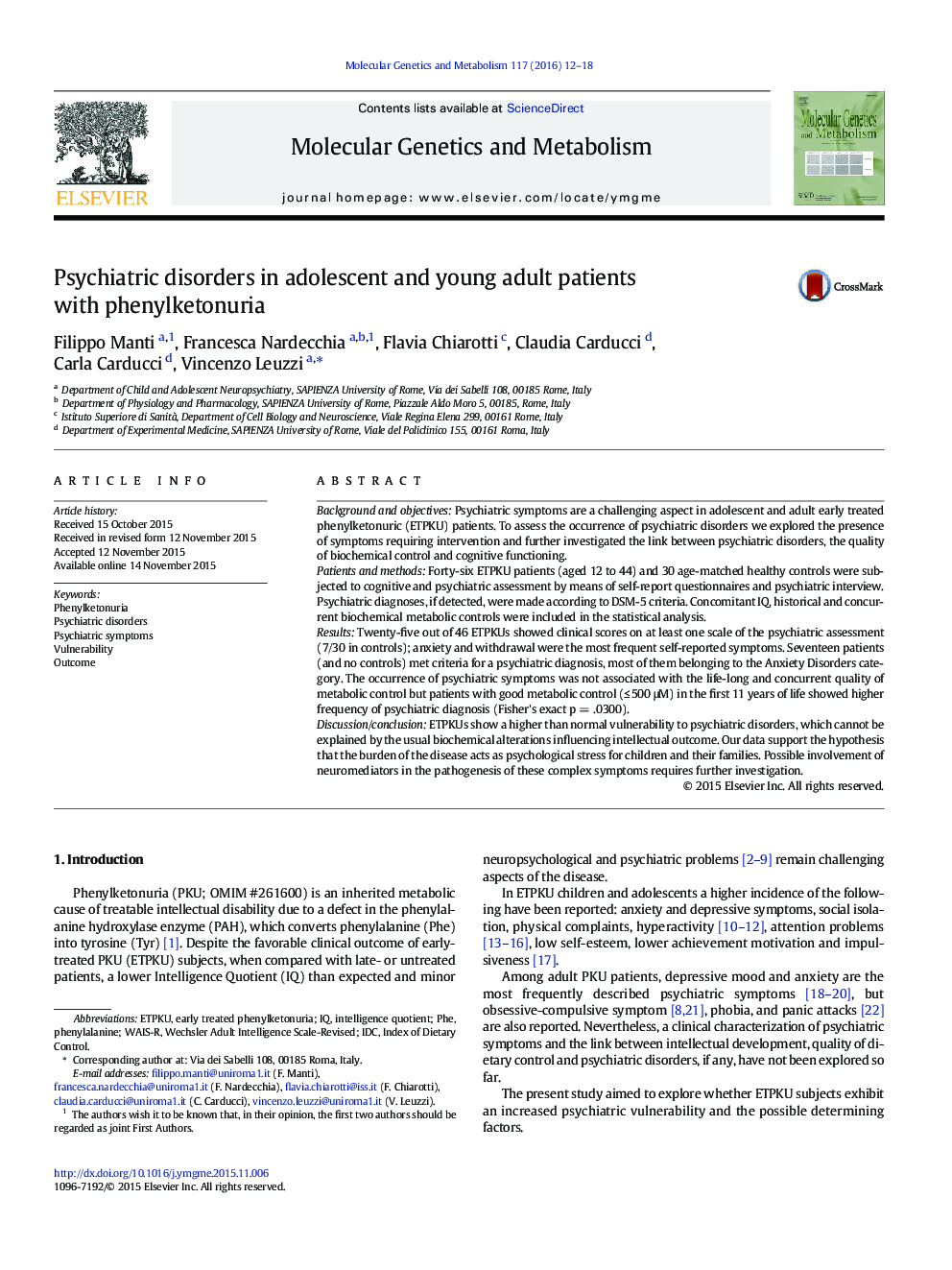 Psychiatric disorders in adolescent and young adult patients with phenylketonuria