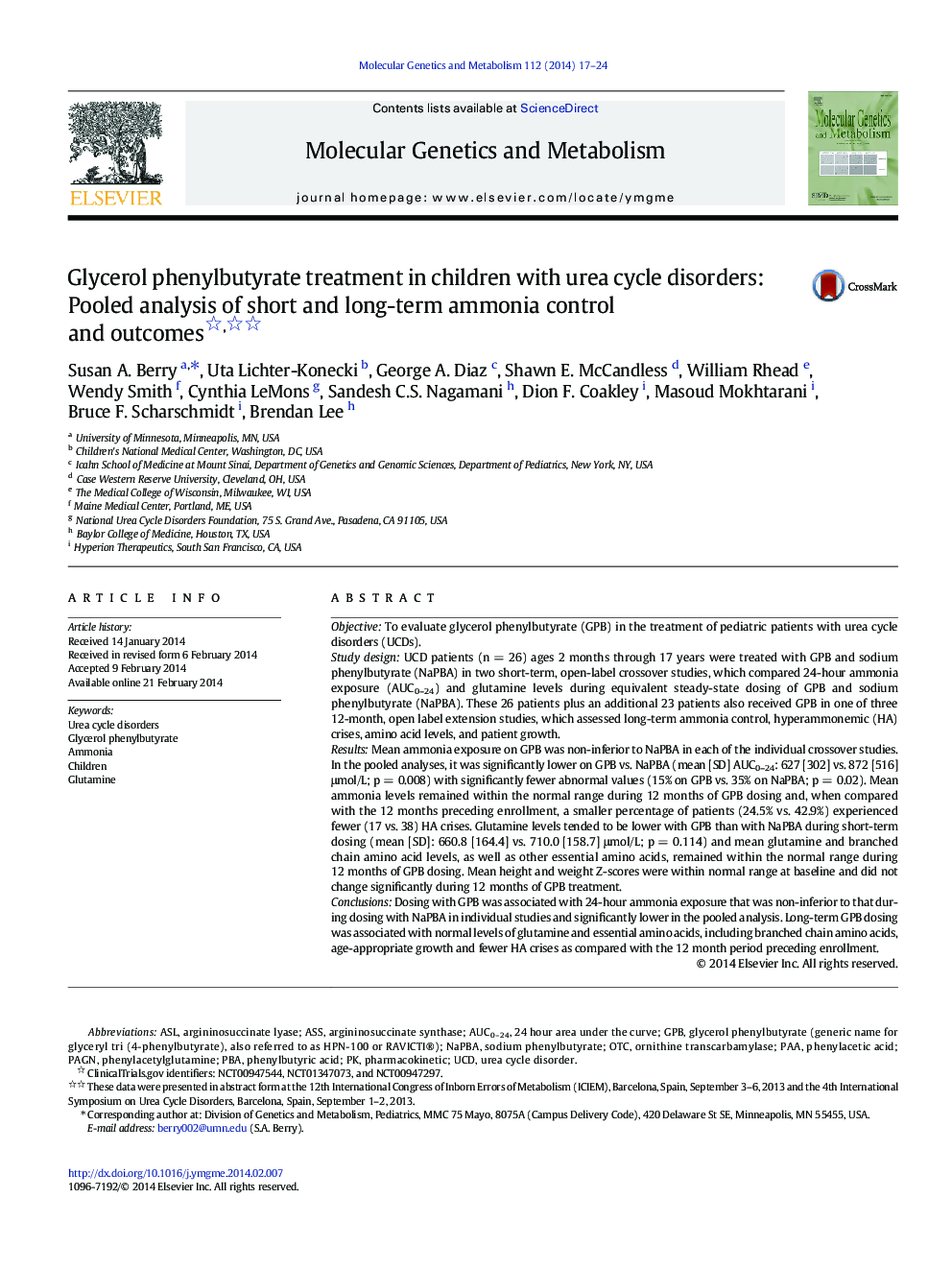 Glycerol phenylbutyrate treatment in children with urea cycle disorders: Pooled analysis of short and long-term ammonia control and outcomes