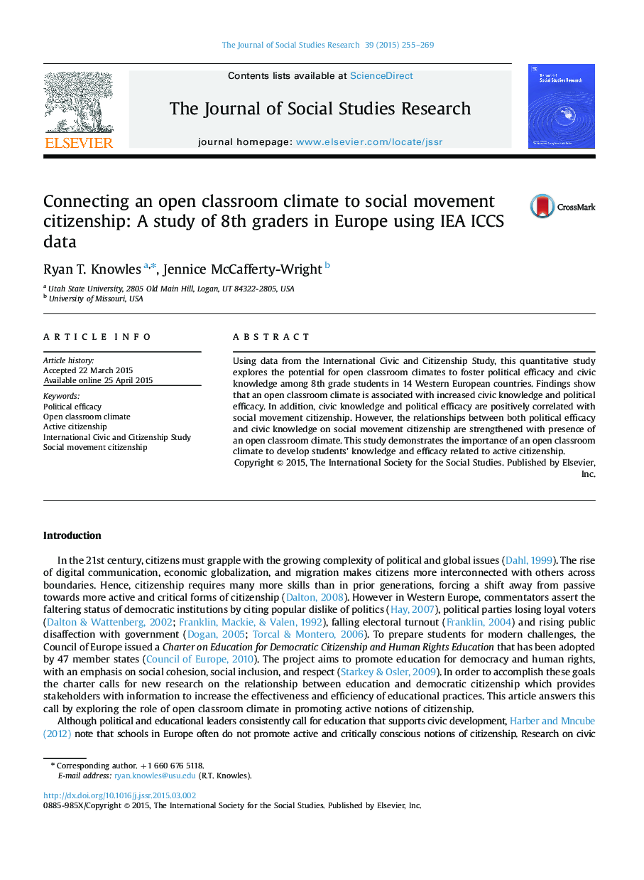Connecting an open classroom climate to social movement citizenship: A study of 8th graders in Europe using IEA ICCS data