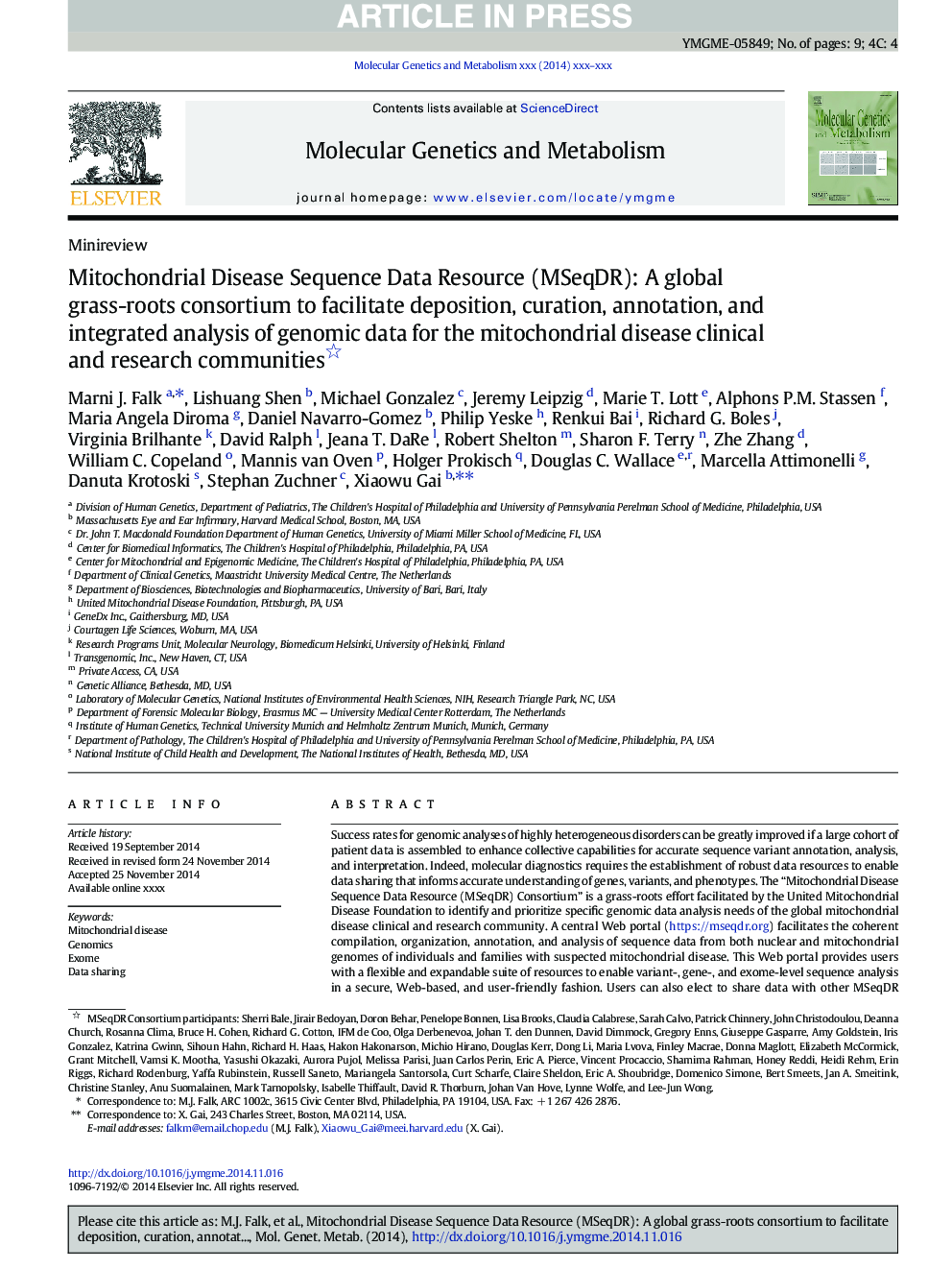 Mitochondrial Disease Sequence Data Resource (MSeqDR): A global grass-roots consortium to facilitate deposition, curation, annotation, and integrated analysis of genomic data for the mitochondrial disease clinical and research communities