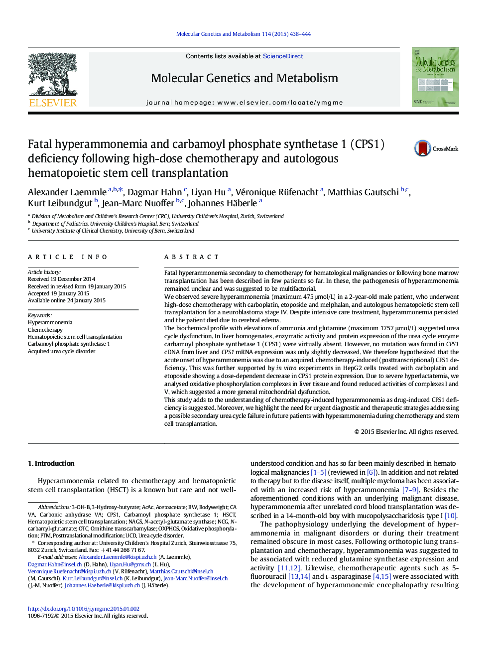 Fatal hyperammonemia and carbamoyl phosphate synthetase 1 (CPS1) deficiency following high-dose chemotherapy and autologous hematopoietic stem cell transplantation