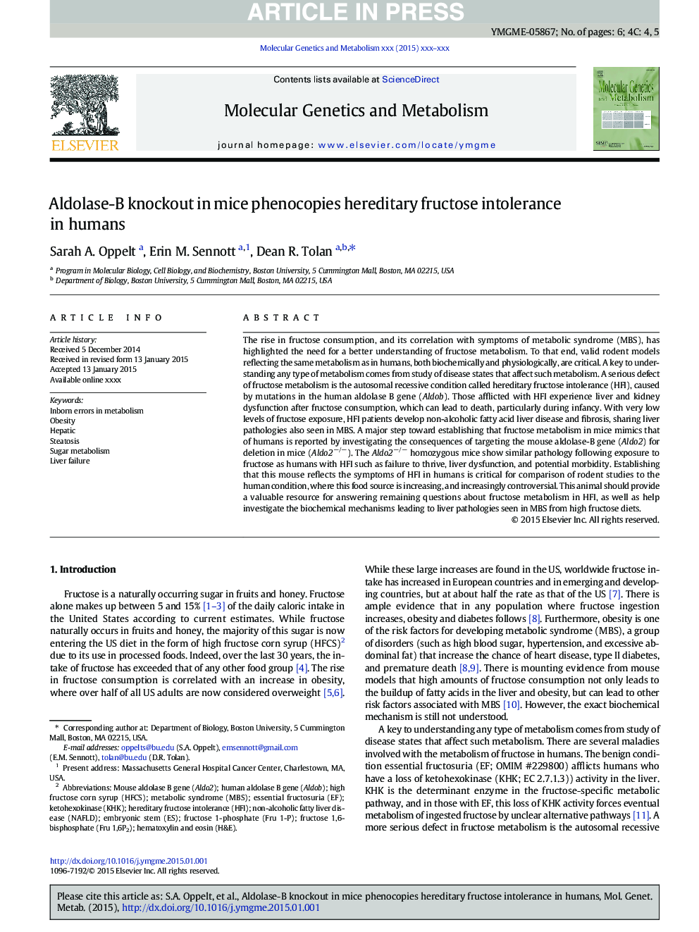 Aldolase-B knockout in mice phenocopies hereditary fructose intolerance in humans