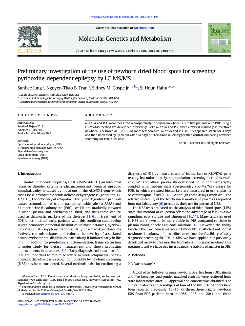 Preliminary investigation of the use of newborn dried blood spots for screening pyridoxine-dependent epilepsy by LC-MS/MS