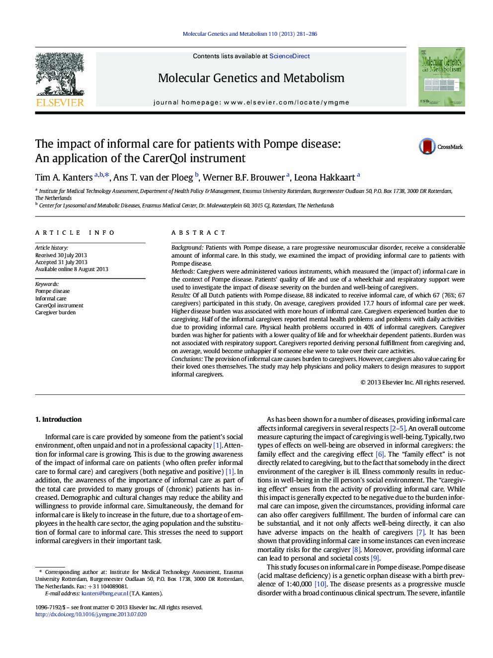 The impact of informal care for patients with Pompe disease: An application of the CarerQol instrument