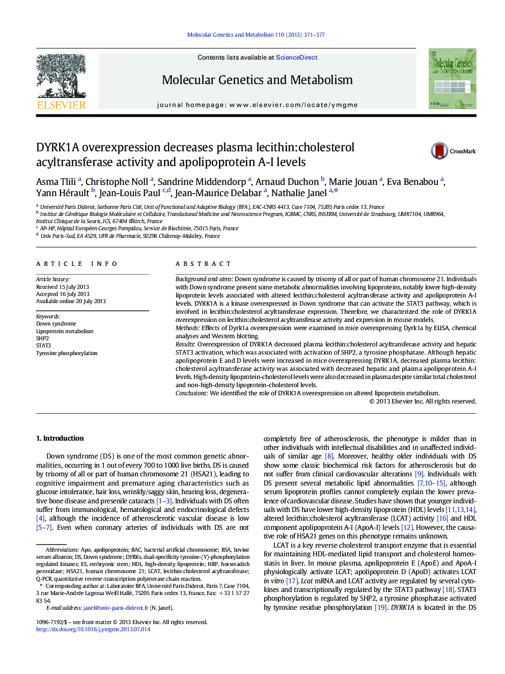 DYRK1A overexpression decreases plasma lecithin:cholesterol acyltransferase activity and apolipoprotein A-I levels