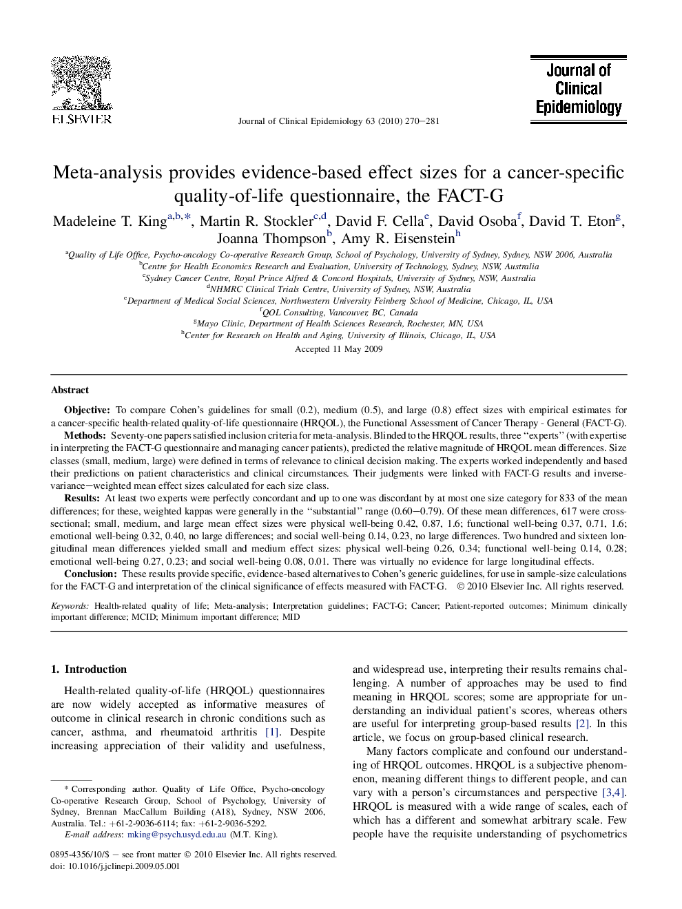 Meta-analysis provides evidence-based effect sizes for a cancer-specific quality-of-life questionnaire, the FACT-G