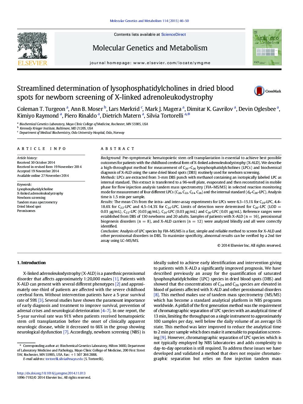 Streamlined determination of lysophosphatidylcholines in dried blood spots for newborn screening of X-linked adrenoleukodystrophy