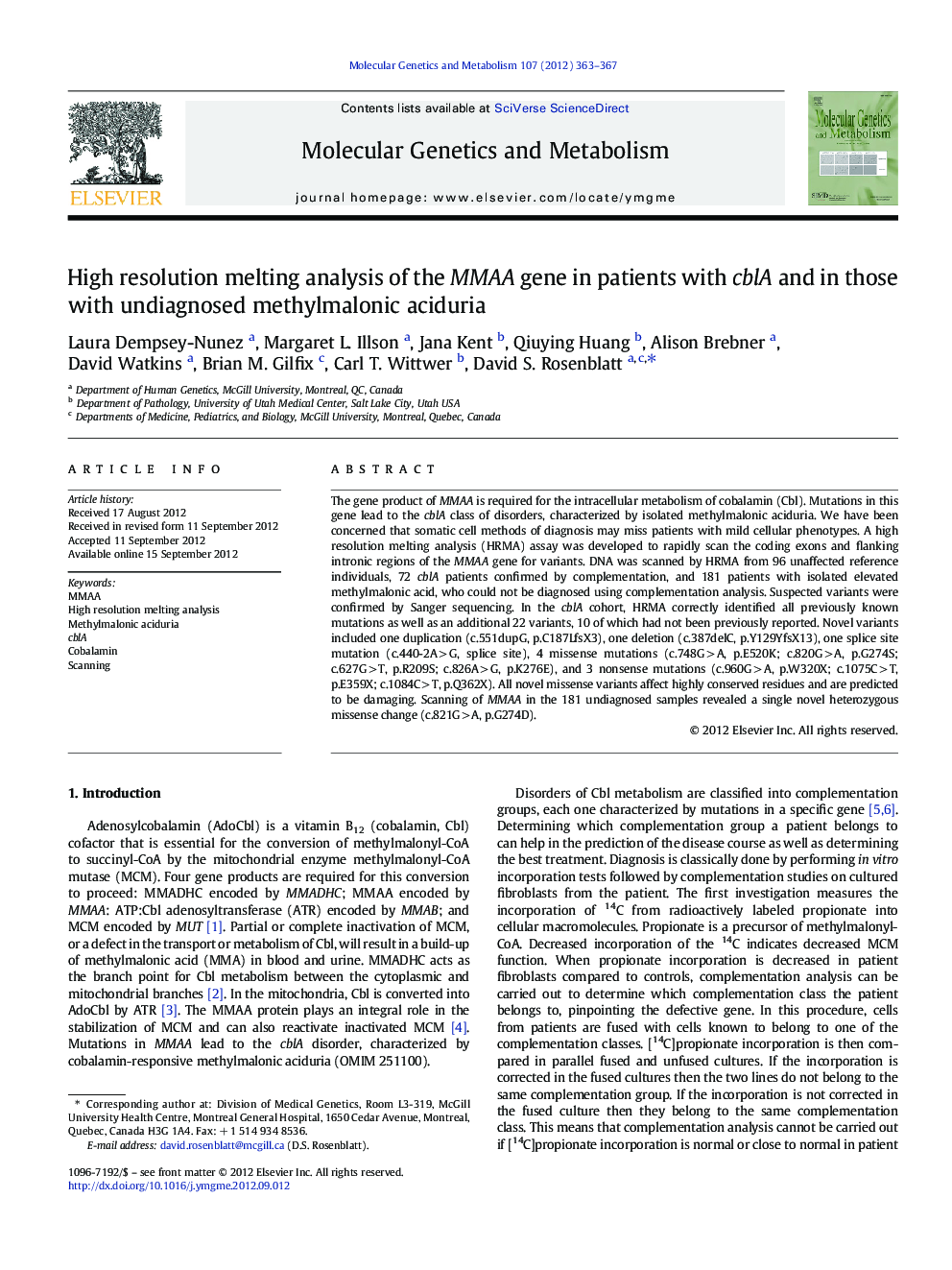 High resolution melting analysis of the MMAA gene in patients with cblA and in those with undiagnosed methylmalonic aciduria