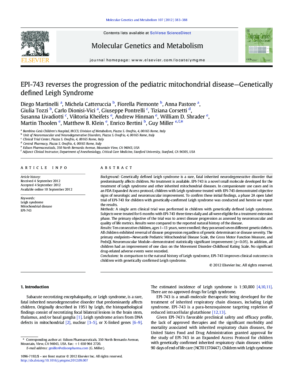 EPI-743 reverses the progression of the pediatric mitochondrial disease-Genetically defined Leigh Syndrome