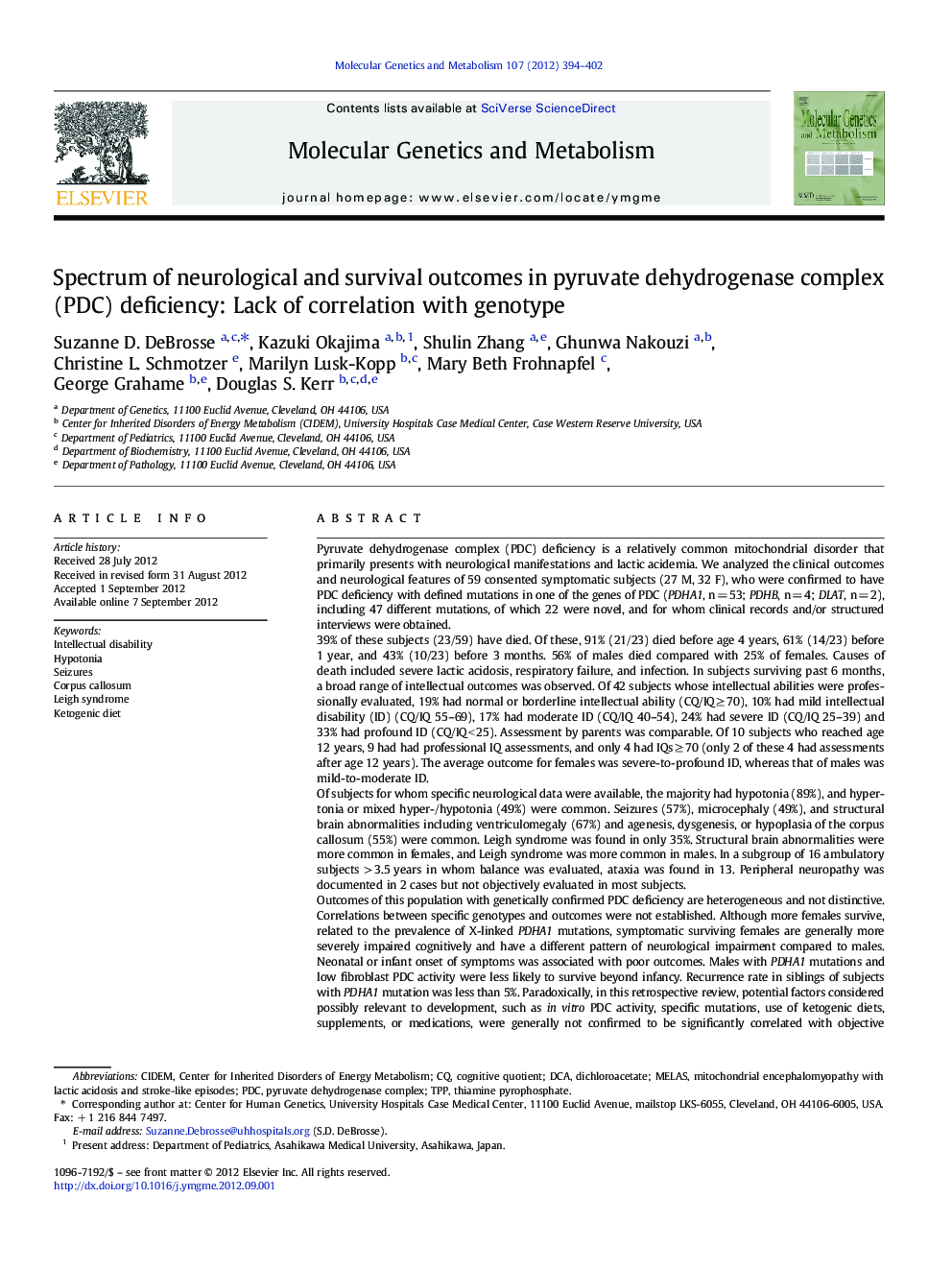 Spectrum of neurological and survival outcomes in pyruvate dehydrogenase complex (PDC) deficiency: Lack of correlation with genotype