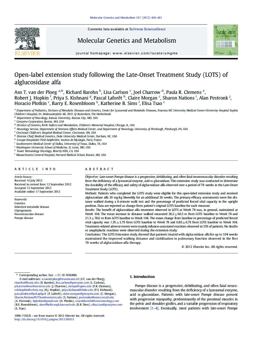 Open-label extension study following the Late-Onset Treatment Study (LOTS) of alglucosidase alfa