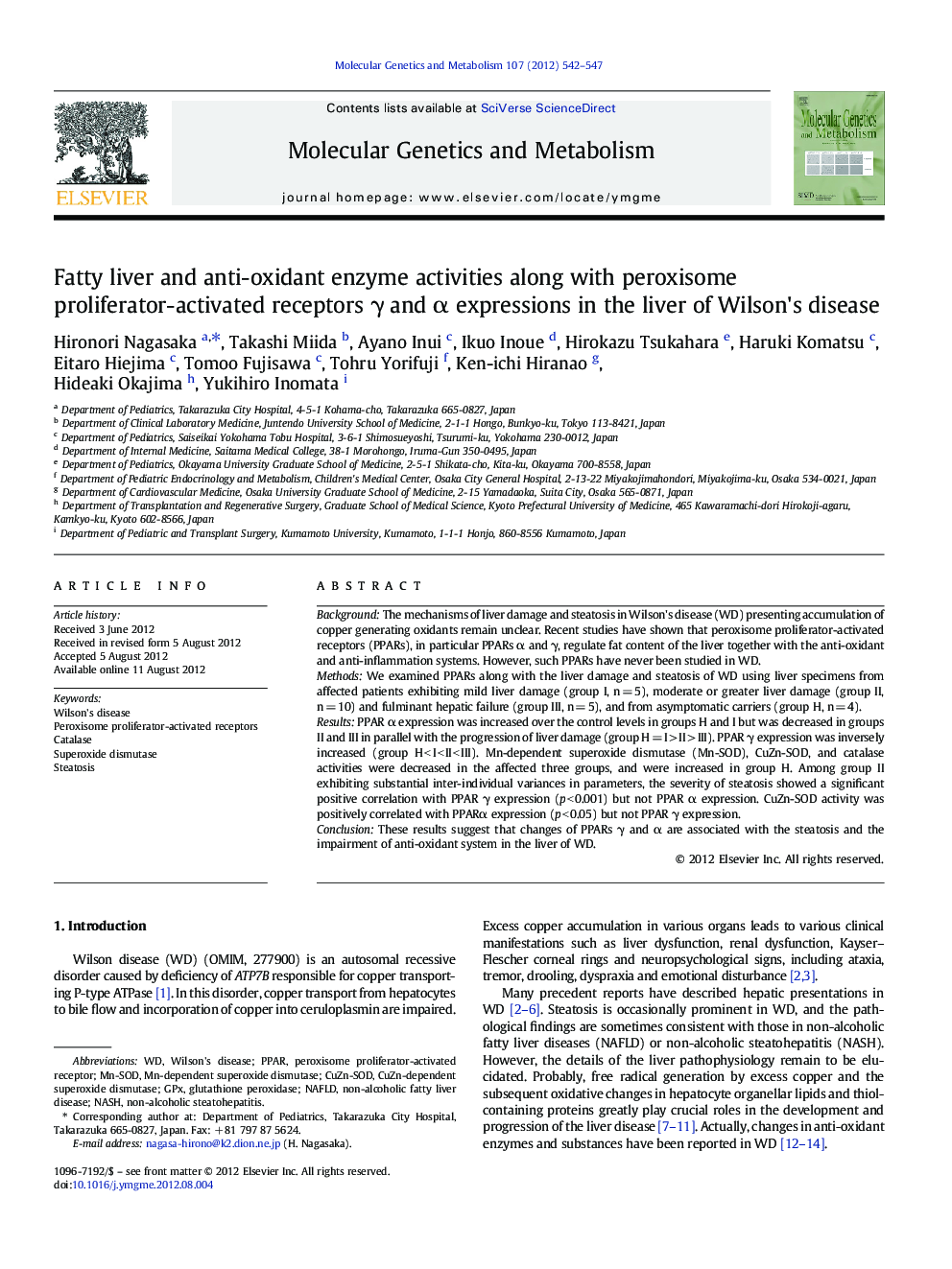 Fatty liver and anti-oxidant enzyme activities along with peroxisome proliferator-activated receptors Î³ and Î± expressions in the liver of Wilson's disease