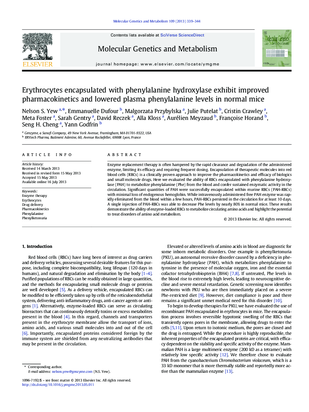 Erythrocytes encapsulated with phenylalanine hydroxylase exhibit improved pharmacokinetics and lowered plasma phenylalanine levels in normal mice