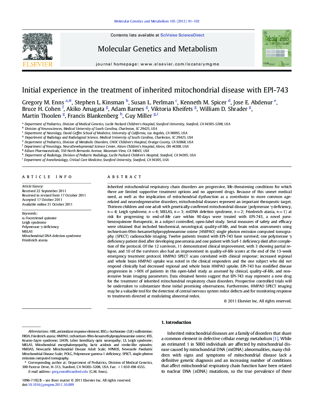 Initial experience in the treatment of inherited mitochondrial disease with EPI-743