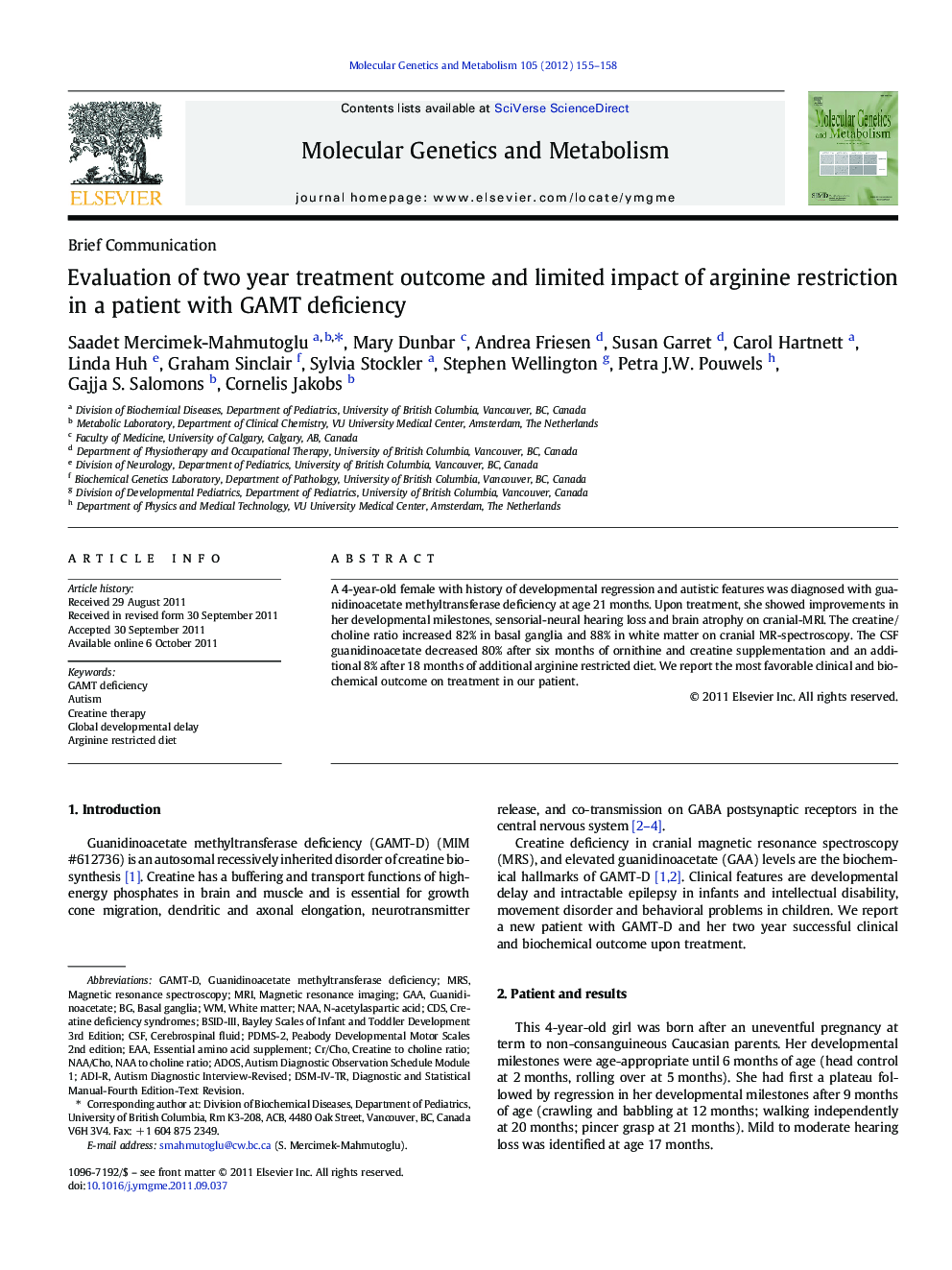 Evaluation of two year treatment outcome and limited impact of arginine restriction in a patient with GAMT deficiency