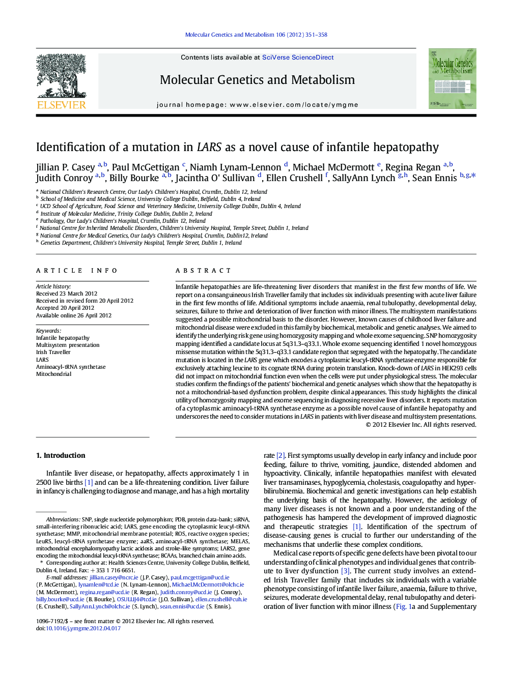 Identification of a mutation in LARS as a novel cause of infantile hepatopathy