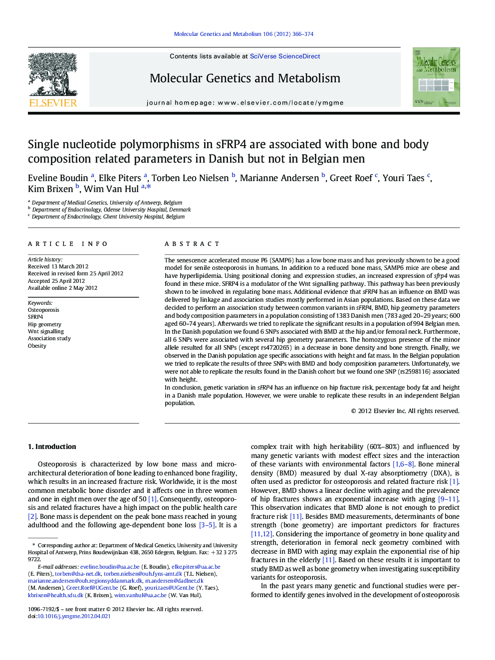 Single nucleotide polymorphisms in sFRP4 are associated with bone and body composition related parameters in Danish but not in Belgian men