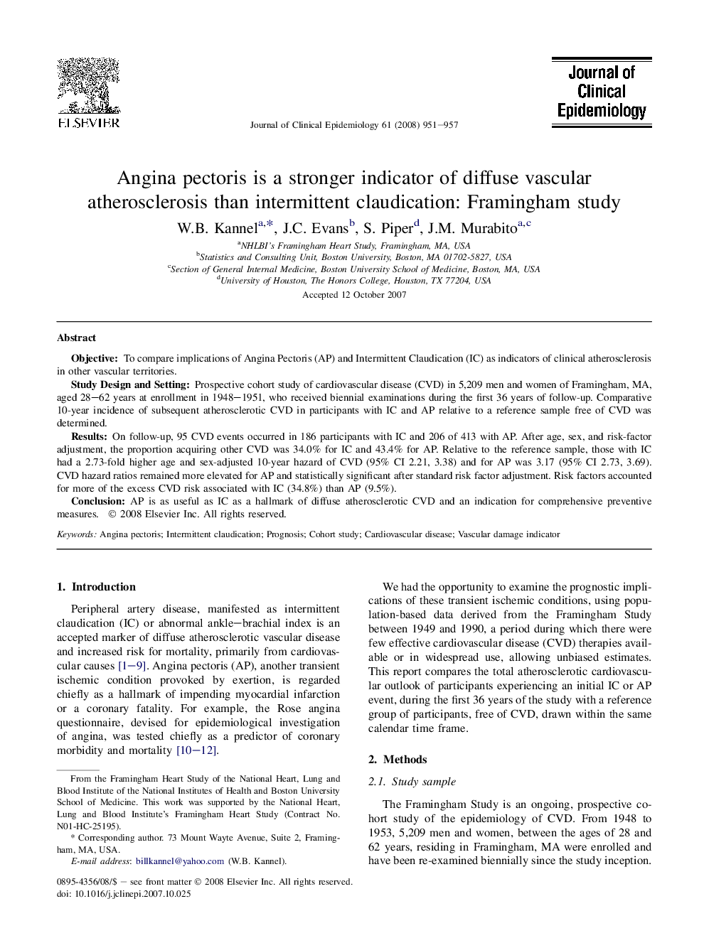 Angina pectoris is a stronger indicator of diffuse vascular atherosclerosis than intermittent claudication: Framingham study