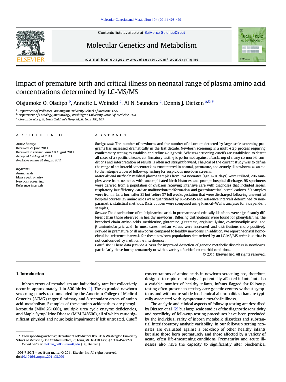 Impact of premature birth and critical illness on neonatal range of plasma amino acid concentrations determined by LC-MS/MS