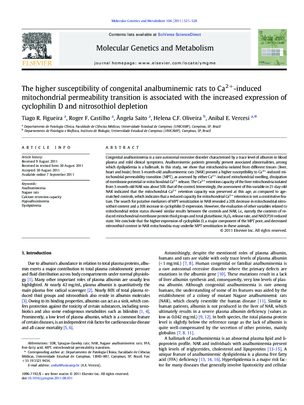 The higher susceptibility of congenital analbuminemic rats to Ca2+-induced mitochondrial permeability transition is associated with the increased expression of cyclophilin D and nitrosothiol depletion