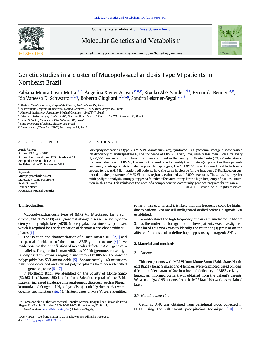 Genetic studies in a cluster of Mucopolysaccharidosis Type VI patients in Northeast Brazil